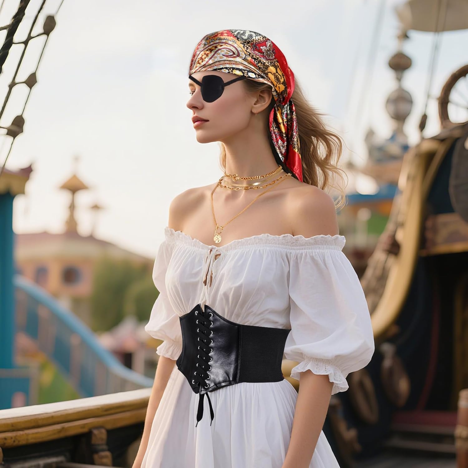 4Pcs Women Pirate Costume Set Including Pirate Head Scarf Layered Necklace Eye Patch Corset Belt for Halloween Renaissance Party Outfit Multi - Image 7