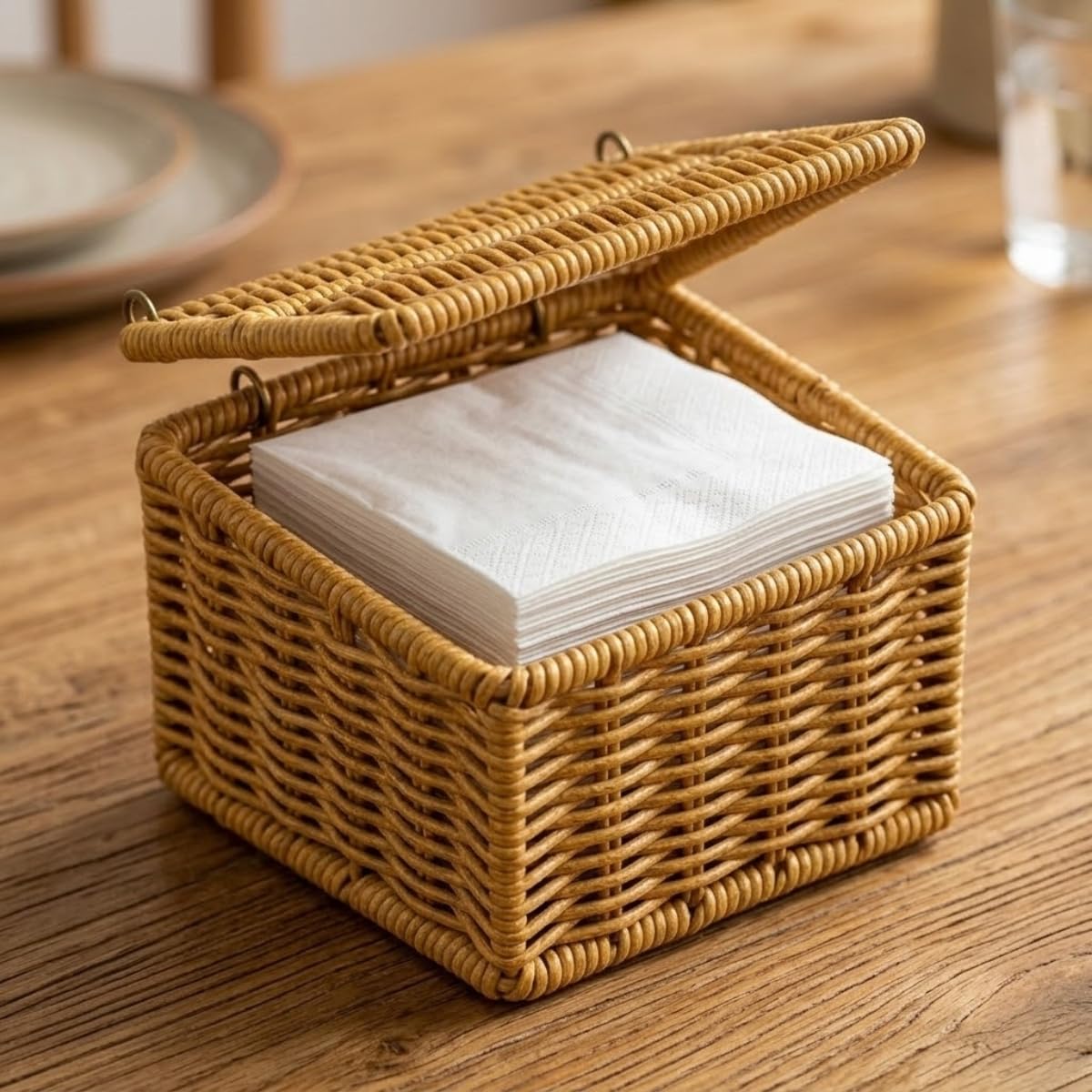 DEİNHAUS Kapaklı Hasır Peçetelik Kutu 13x13x9 cm Doğal Rattan Peçete Saklama Kutusu