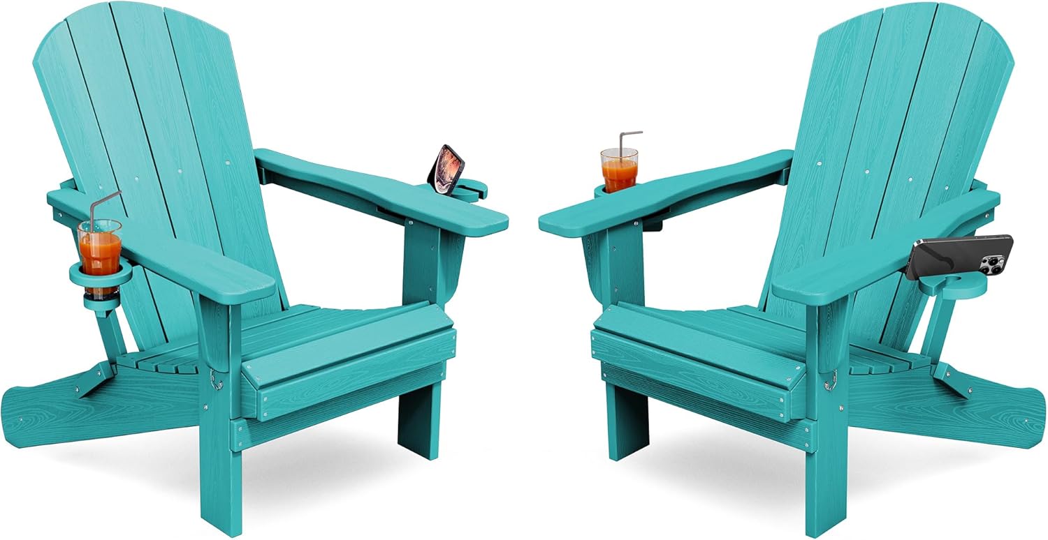 KINGYES Folding Adirondack Chair Set of 2, Dual Cup Holders & All-Weather HDPE, Wood-Like Patio Chair for Backyard, Camping, Pool & Fire Pit, Aruba