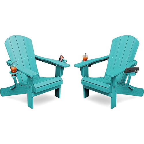 KINGYES Folding Adirondack Chair Set of 2, Dual Cup Holders & All-Weather HDPE, Wood-Like Patio Chair for Backyard, Camping, Pool & Fire Pit, Aruba