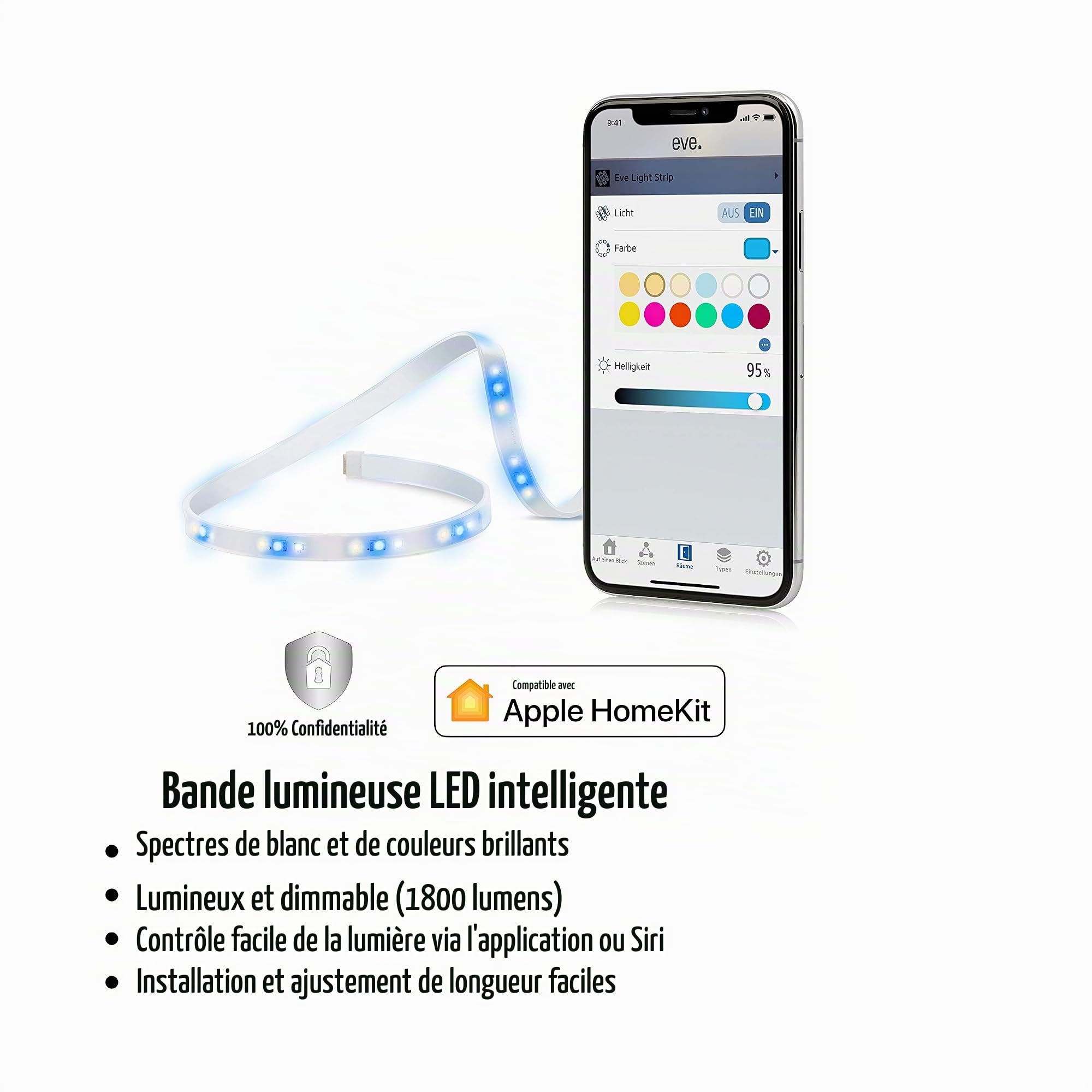 EVE Light Strip - Ruban à LED intelligent, toutes les nuances de blancs et de couleurs, 1 800 lumens, aucune passerelle requise, l’éclairage adaptatif, Homekit