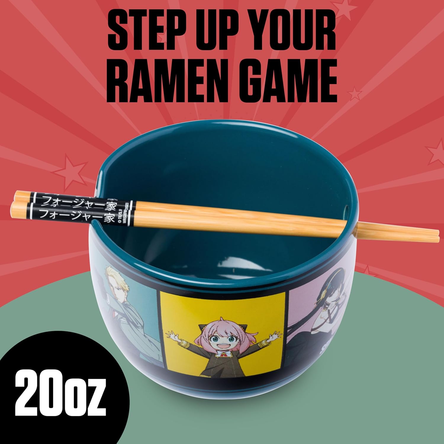 Silver Buffalo Spy X Family Anime Featuring Anya, Loid, and Yor Forger, Ceramic Ramen Noodle Rice Bowl with Chopsticks, Microwave Safe, 20 Ounces