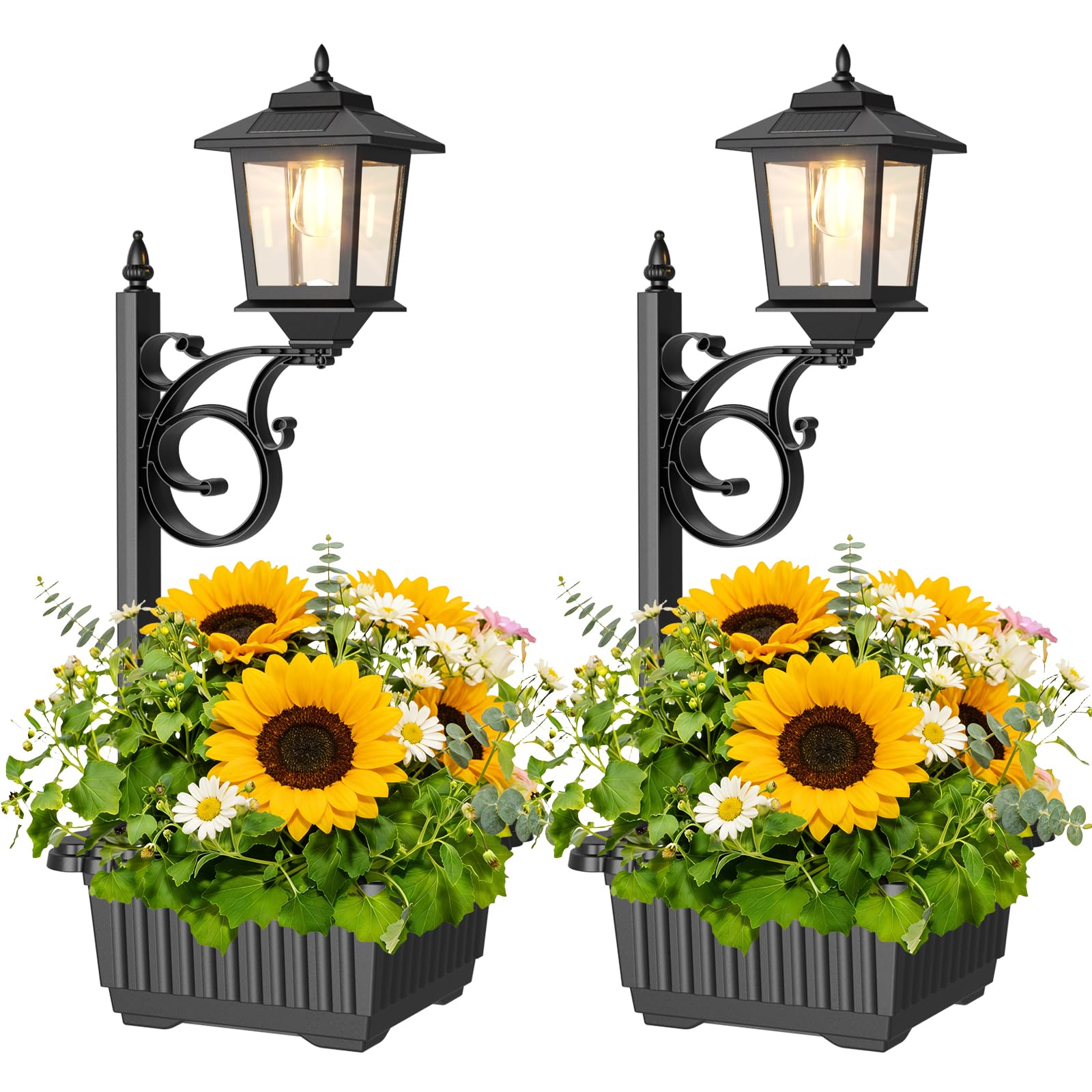 Photo 1 of 2 Pack 2-in-1 Outdoor Flower Pots, Solar Post Lamps Waterproof, Solar Lamp Post Lights, Wall Mount or Freestanding, Outdoor Decorative Lamp for Garden, Patio, Front Porch, Back Door, Warm White