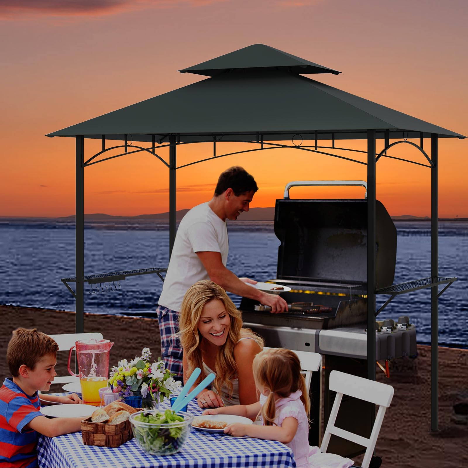 COSTWAY Gazebo per Barbecue 240 x 151 cm, Pergola per BBQ con con 2 Ripiani, 7 Ganci, Struttura in Metallo e Tetto Morbido, Tenda per Picnic e Barbecue per Giardino, Piscina e Terrazza (Grigio)