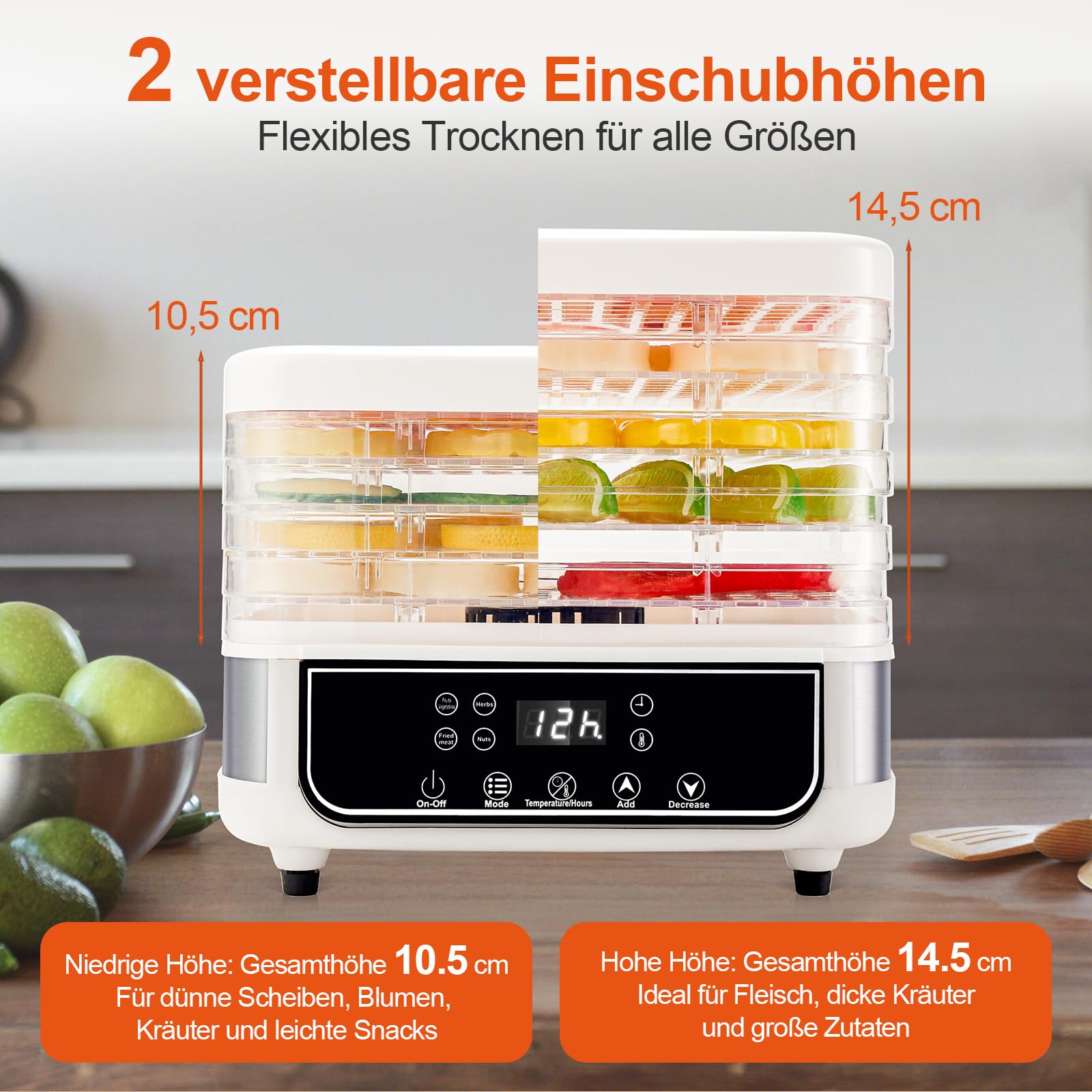 Déshydrateur automatique intelligent à 5 couches avec minuterie de 72 heures, température réglable de 35 à 70 °C et affichage LED pour sécher les fruits, les légumes, la viande