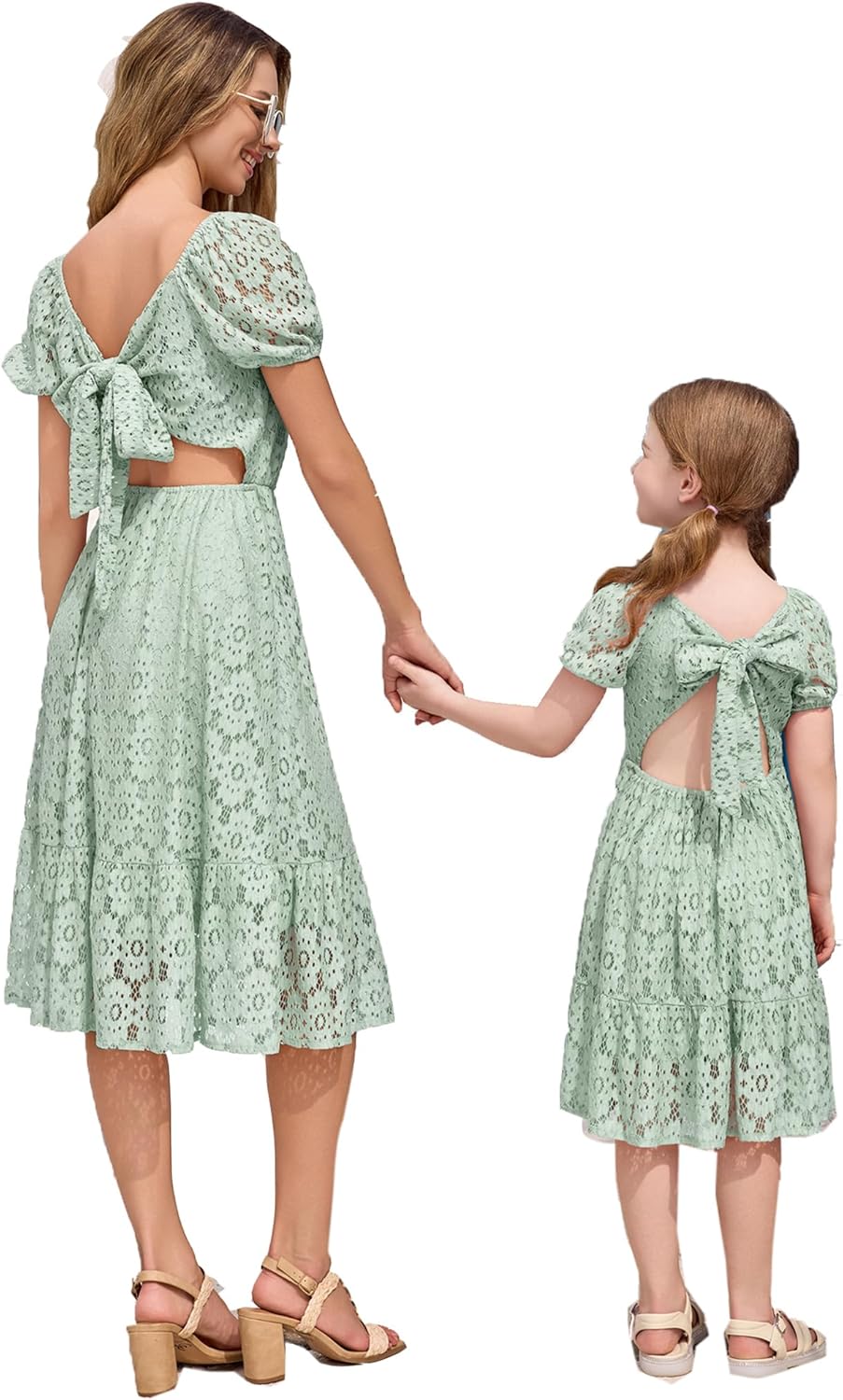 AWIBMK Mommy and Me Vintage Lace Dress Puff Sleeve Bow Tie Back A-line Mother Daughter Summer Casual Party Dresses