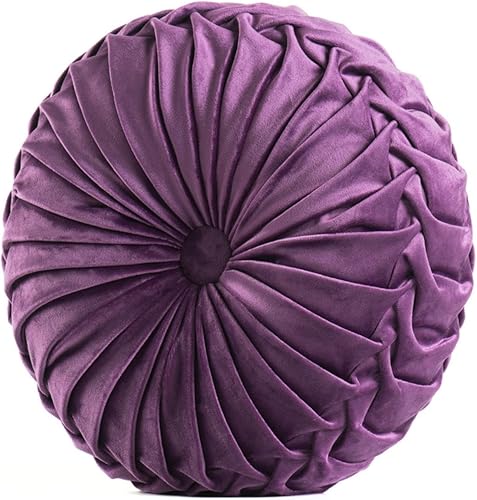 Miniatura 13 de Almohada redonda de terciopelo de 15 x 15 pulgadas, plisada, redonda, rellena de calabaza, para el hogar, para sofá, silla, cama, suelo de Verde