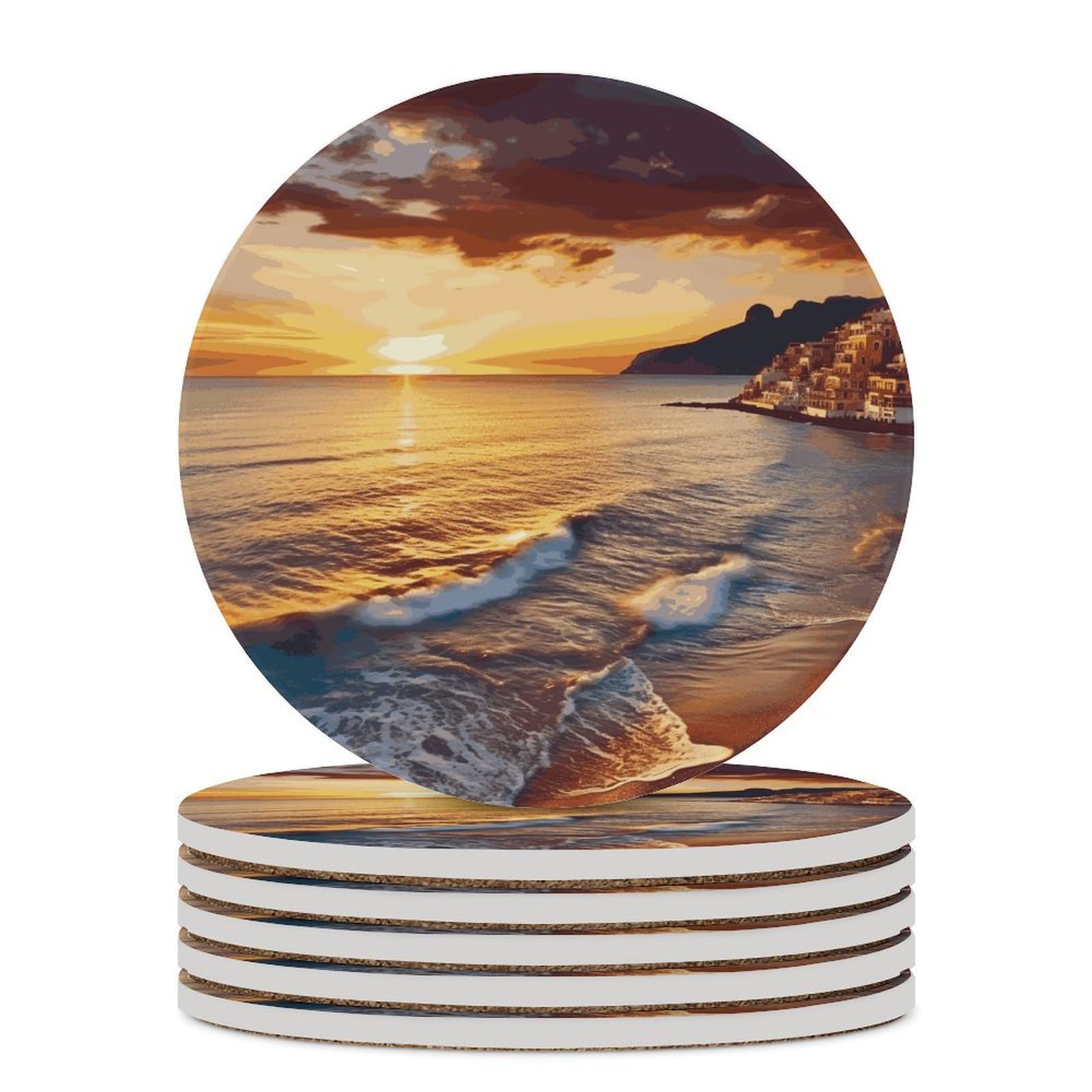 Seaside Sunset Coaster with Cork Base Drink Coasters for Coffee Table Decor Modern Cup Coasters with Non-Slip & Heat-Resistant Cute Ceramic Table Coaster for Home Dining