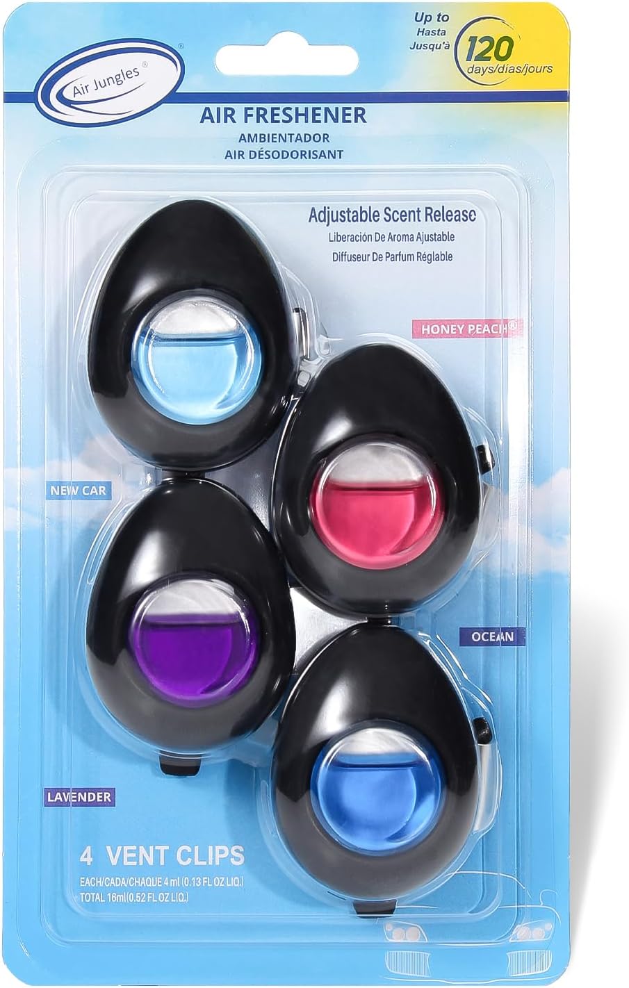 Air Jungles Car Air Freshener Vent Clip Variety Pack (4 Count, New Car, Honey Peach, Lavender, Ocean), Leather Cleaner Wipes 70 Count & All Purpose Cleaning Wipes 70 Count