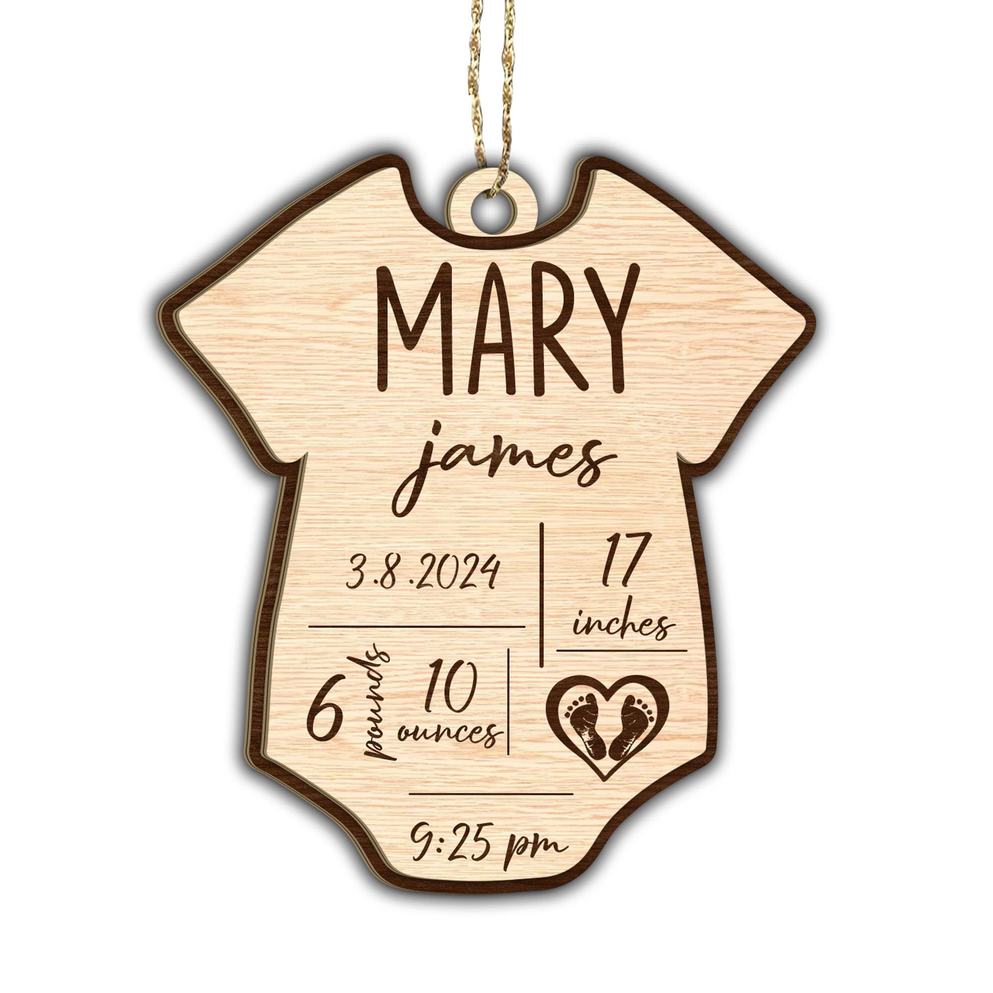 Personalized Wooden Baby's First Christmas Ornament with Birth Stats, Custom Baby Announcement with Birth Statistics Ornaments for Xmas Tree, Baby Bodysuit Keepsake for Baby Boy Girl Newborn Grandbaby