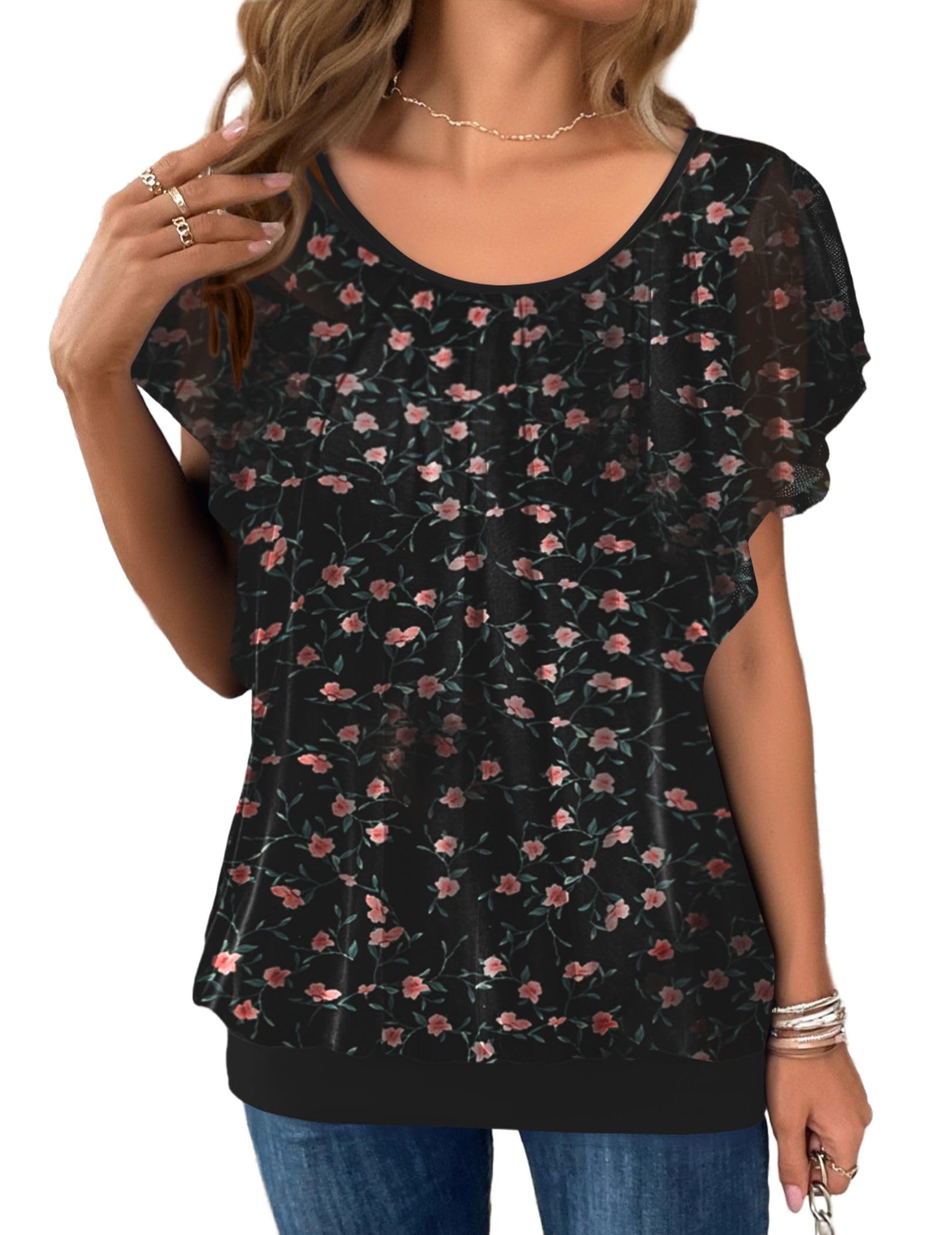 Hotouch Blusen Damen Kurzarm Doppellagig Mesh Rundhals Oberteile Loose Flowy Flügelärmel Tunika Sommer elegant Top
