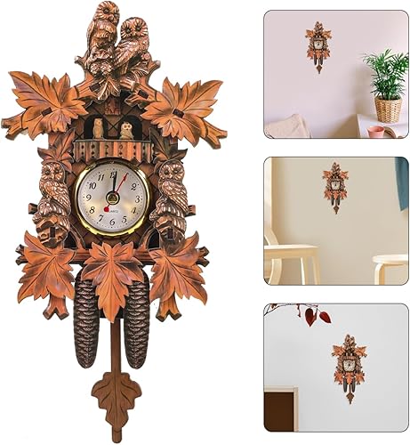 Miniatura 9 de HOMSFOU Reloj de pared con péndulo de madera con diseño de búho, reloj de timbre vintage, funciona con pilas, reloj colgante con alarma cronometrada