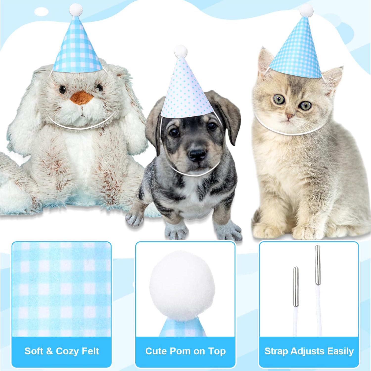 12 Pcs Mini Party Hats for Stuffed Animals, Felt Cone Hats with Pom Poms Polka Dot Gingham Mini Birthday Party