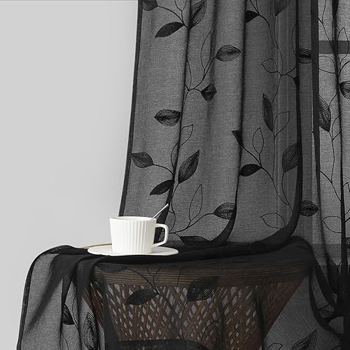 HOMEIDEAS Cortinas Semitransparentes Negras de 52 x 96 Pulgadas de Largo 2 Paneles Patrón de Hojas Bordadas Negras Gótico Lino Sintético Floral