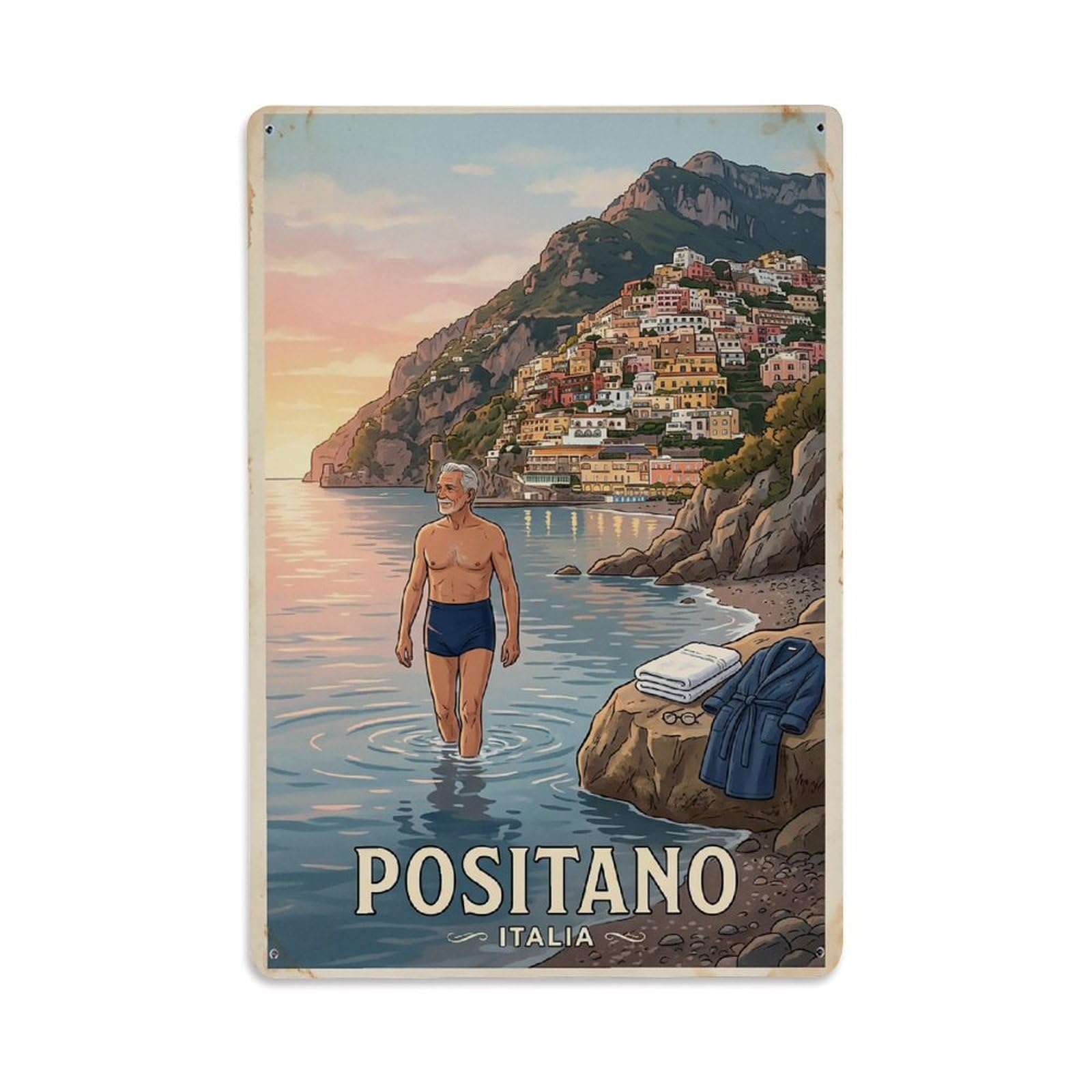 Huiyhb 8X12inch(20X30cm) Vintage Travel Positano Italy Morning Swim Tradition Metal Tin Sign