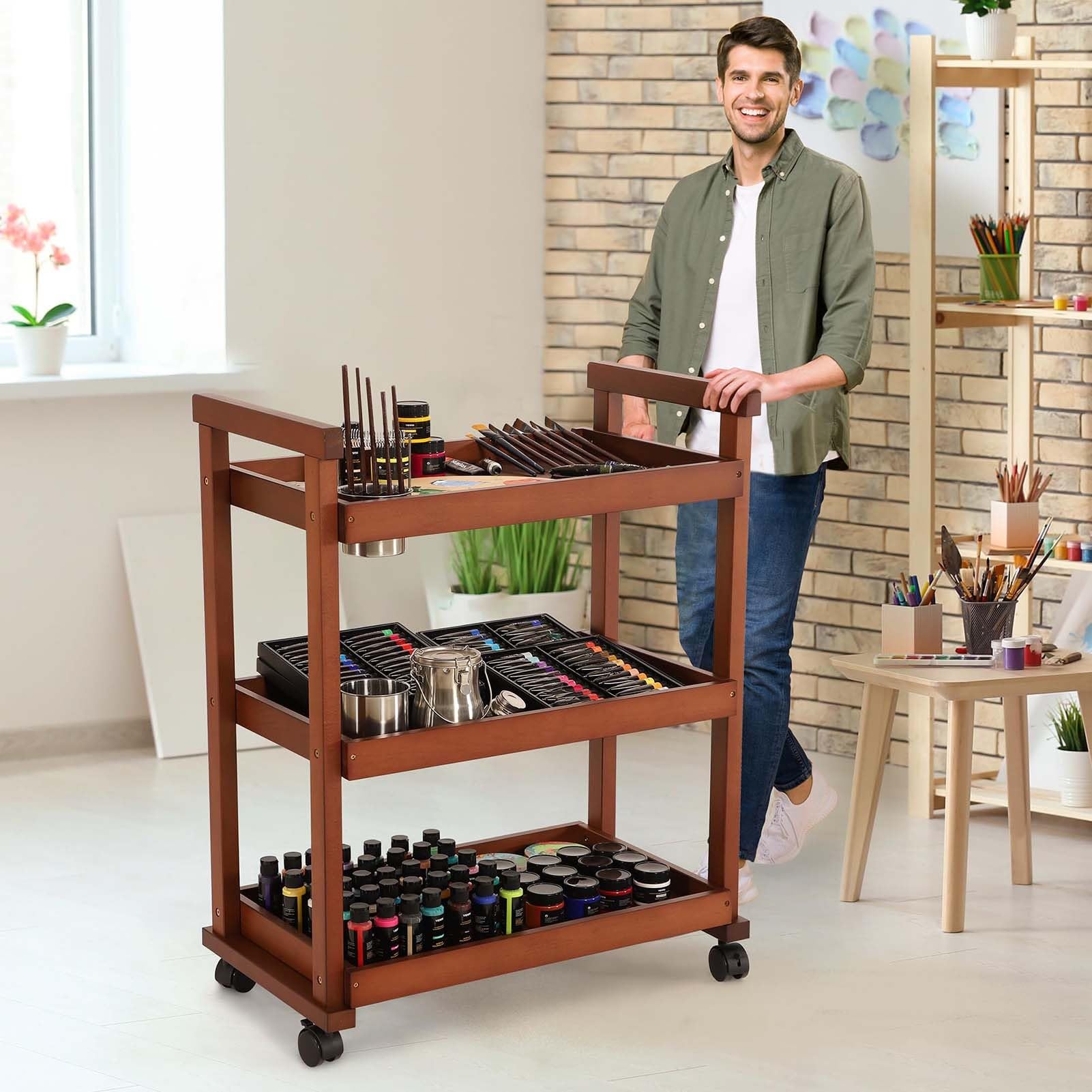 89 cm Großer Künstler- Und Bastelwagen Aus Massivem Buchenholz Mit 4 Rollen, Multifunktionaler Rollwagen Für Atelier, Klassenzimmer Und Künstlerbedarf, Braun