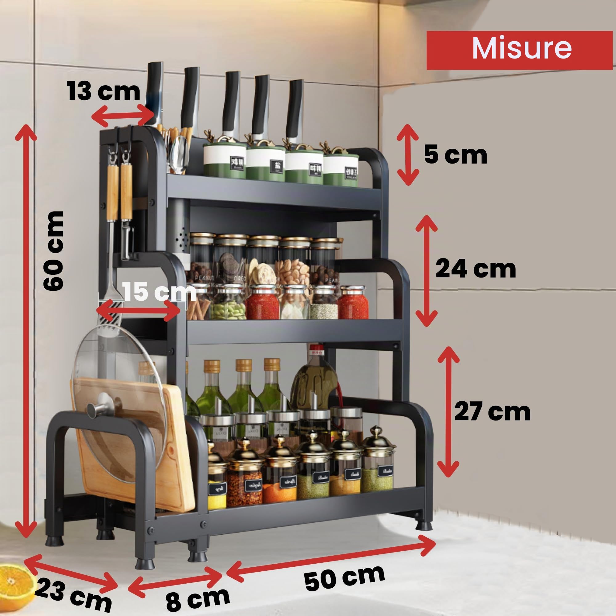 MAGIC SELECT 𝗢𝗿𝗴𝗮𝗻𝗶𝘇𝘇𝗮𝘁𝗼𝗿𝗲 𝗱𝗶 𝗦𝗽𝗲𝘇𝗶𝗲, Portaspezie da Cucina a 3 Livelli, Portacondimenti per Conservare Barattoli, Erbe e Stoviglie per la Dispensa, Acciaio al Carbonio.