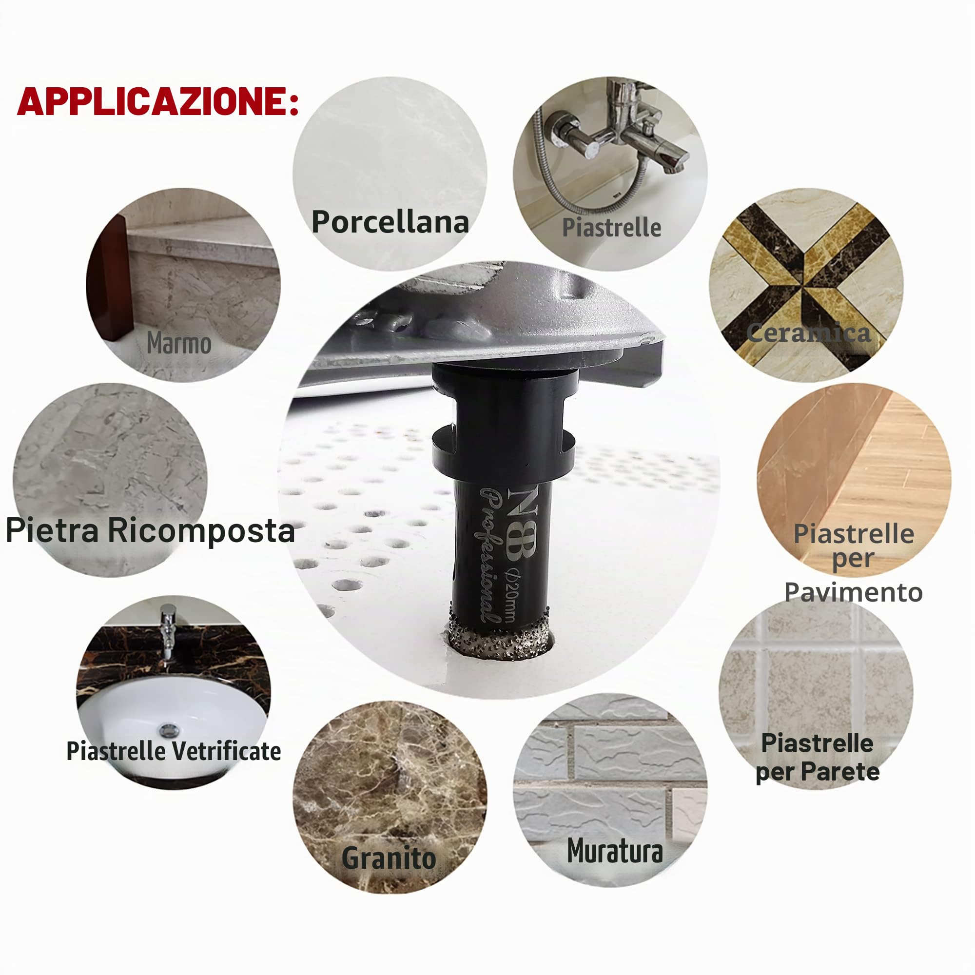 NBB Sega a tazza diamantata brasata sottovuoto con M14, per la perforazione professionale a secco o bagnato su porcellana dura, ceramica, piastrelle, granito (35mm)