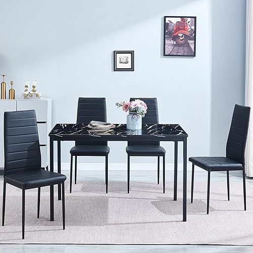 Miniatura 6 de Juego de comedor de 5 piezas para 4 mesas de comedor de mármol con sillas, mesa de cocina rectangular y sillas para cocina del hogar, comedor y