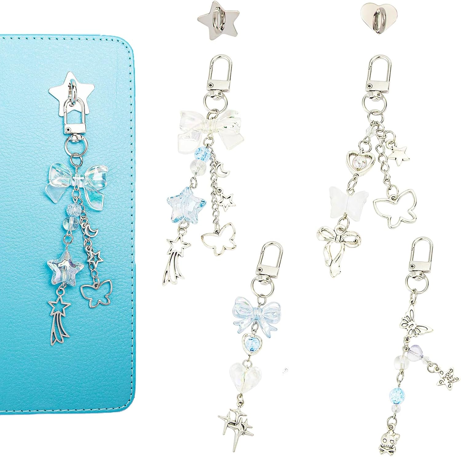 4pcs Y2K Blue Crystal Star Kindle Charms for E-reader and Cellphone,iPad