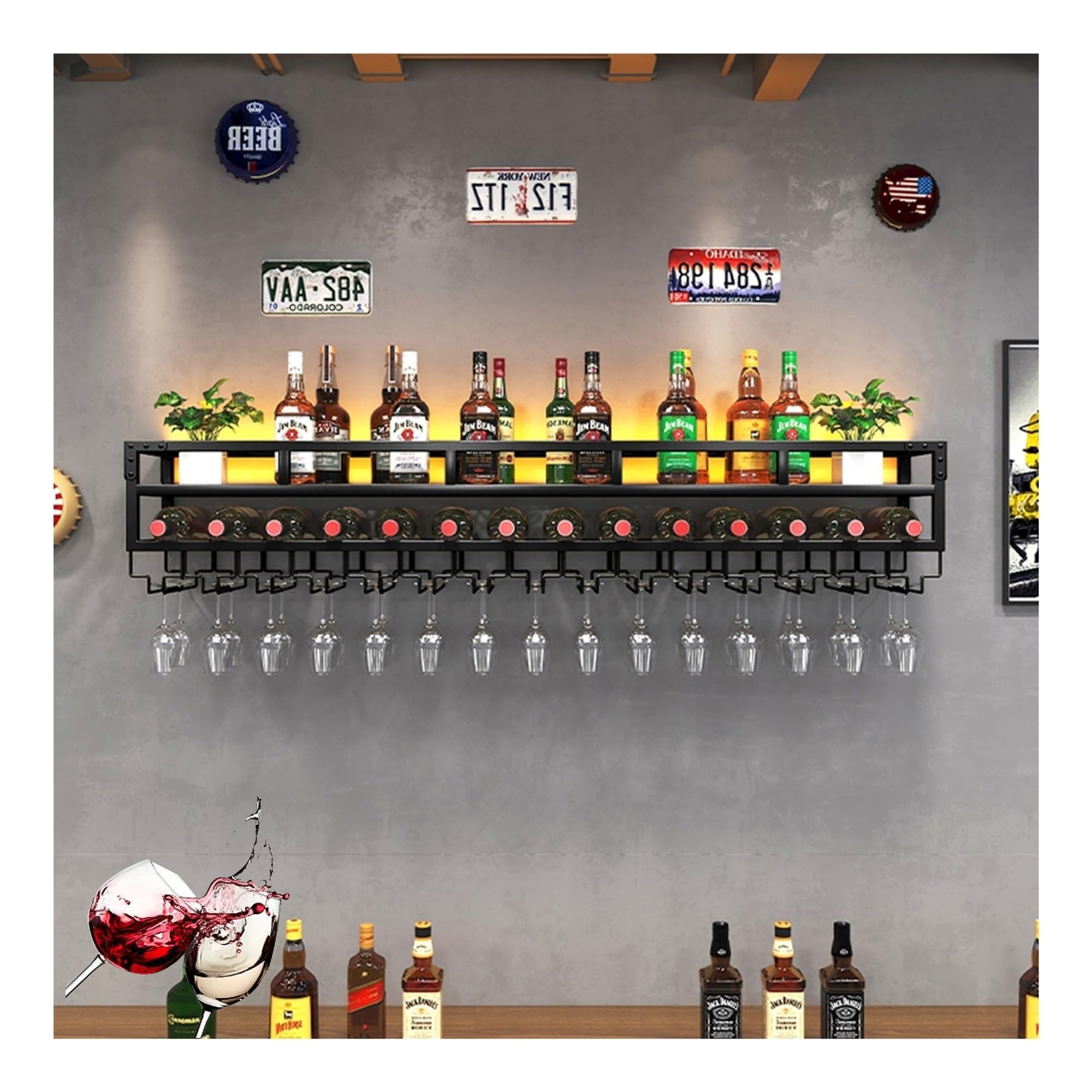 Wine Rack Bar Shelves Wall Mounted with Wine Glass Holder Liquor Shelf Mini Bar Kitchen Storage Rack Glass Shelves Wall Bar Cabinet Corner Coffee Bar Liquor Bottle Display Shelf for Home Dining Room (