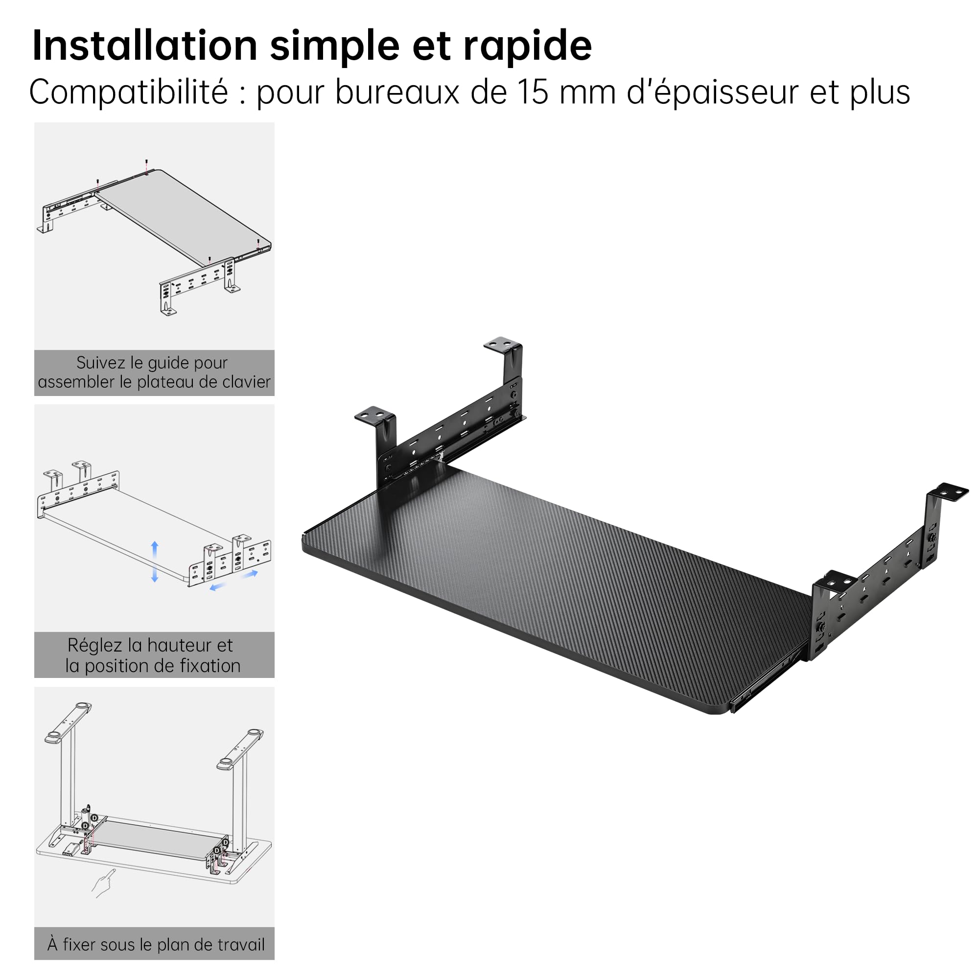 EUREKA ERGONOMIC Support Clavier Coulissant Réglable sous Bureau, Plateforme Coulissante 71 x 28 cm pour Clavier et Souris, Tiroir en Bois pour Bureau à Domicile, Noir