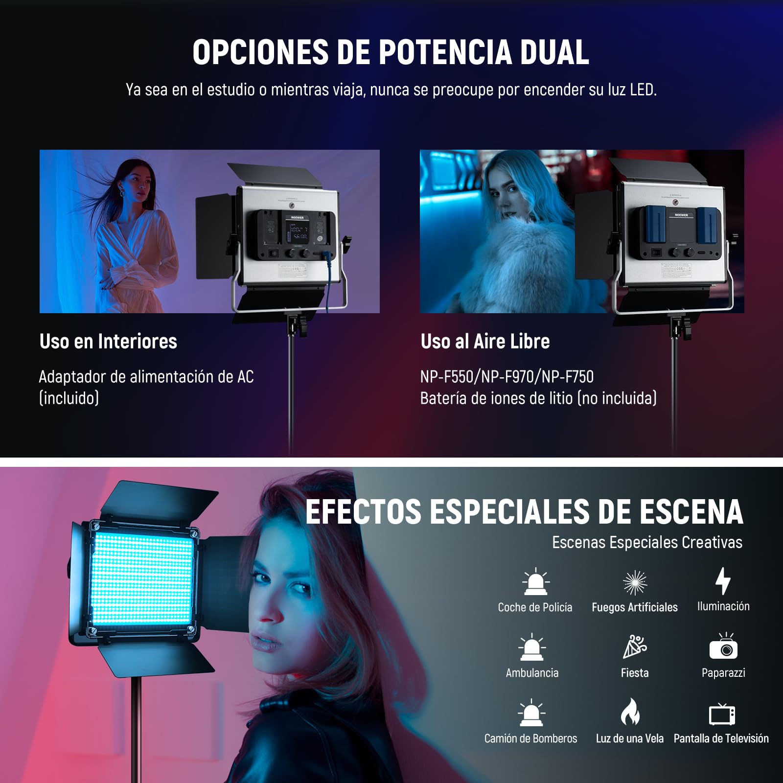 NEEWER Panel Luz de Vídeo LED RGB 660PRO II Mejorada con Control de App y Soporte, 2 Pack 50W Constantes sin Cambio de Color/1% de Atenuación Mínima Precisa/360°RGB/CRI97+/3200K~5600K para Fotografía