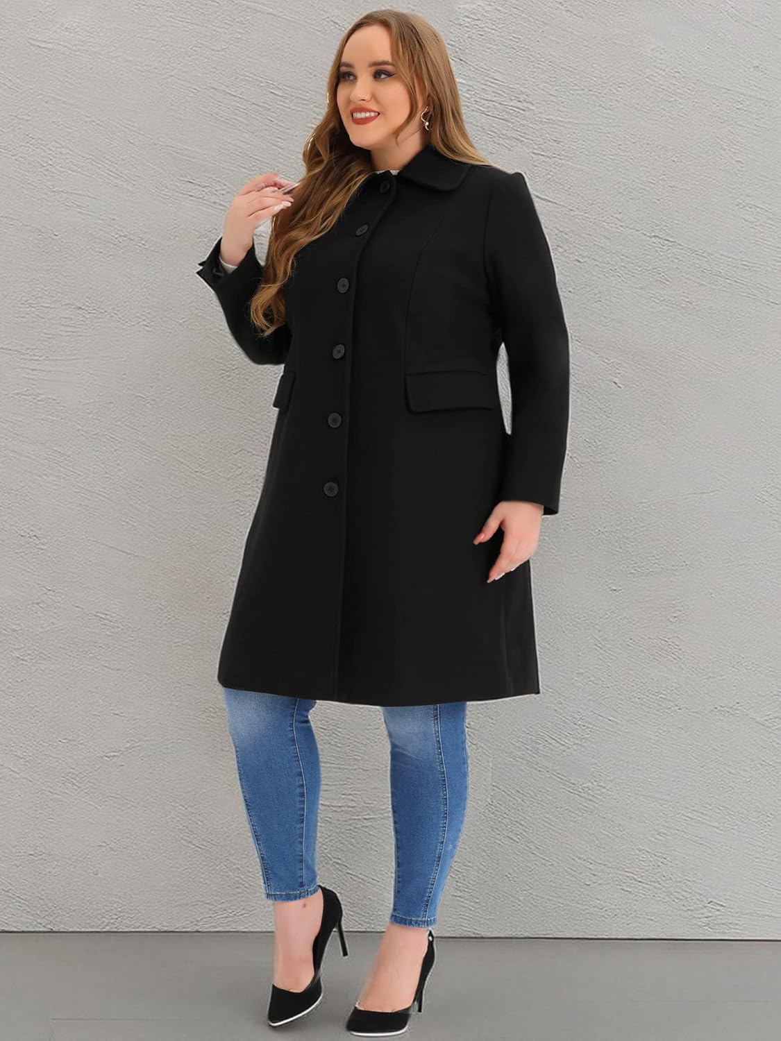 Agnes Orinda Women's Plus Size Winter Coats Peter Pan Collar Single Breasted with Pockets Long Trench Coats