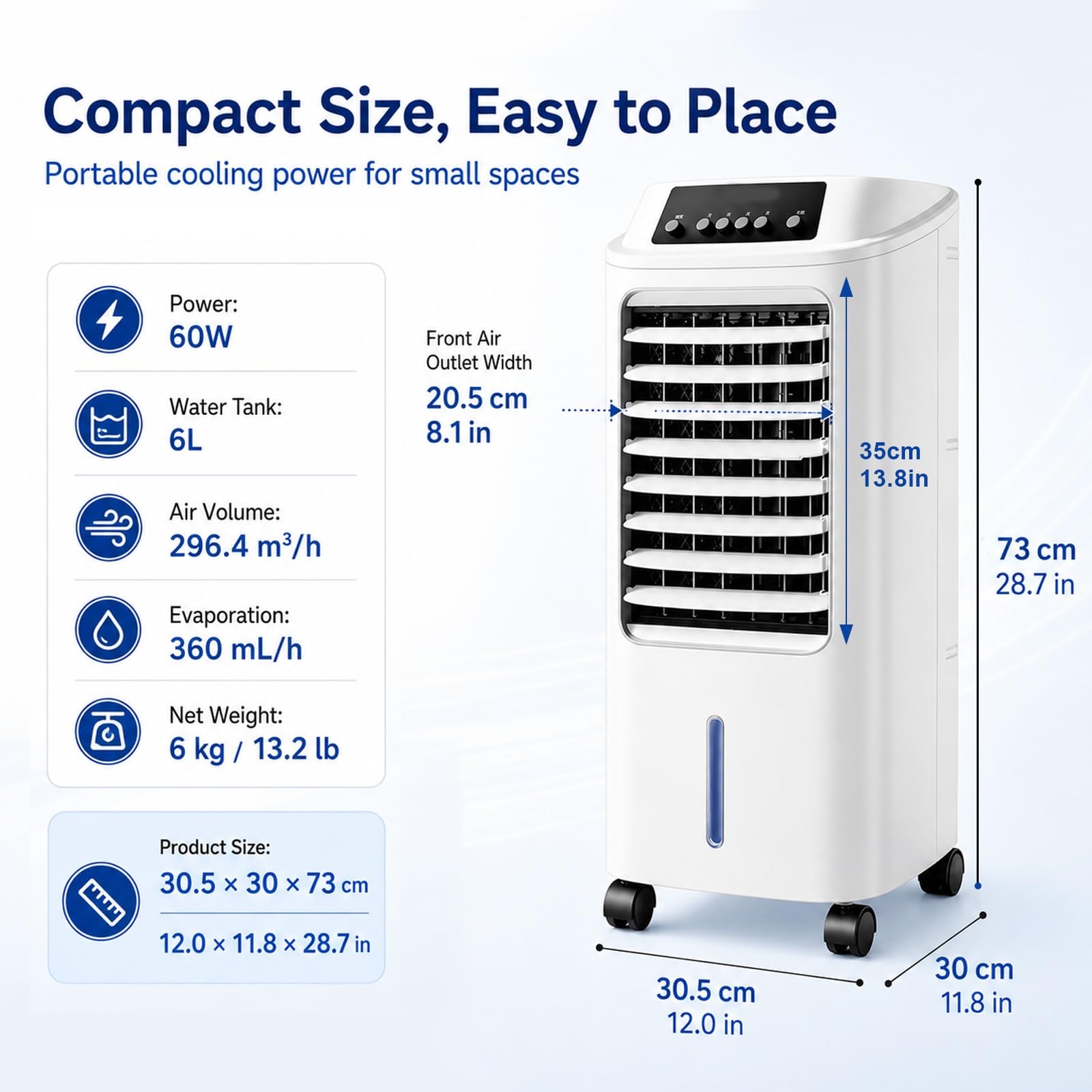 Raffrescatore Evaporativo, Ventilatore di Raffreddamento Portatile con Serbatoio dell'Acqua Rimovibile da 6L, Raffrescatore d'Aria Compatto per Soggiorno, Ufficio, Camera da Letto
