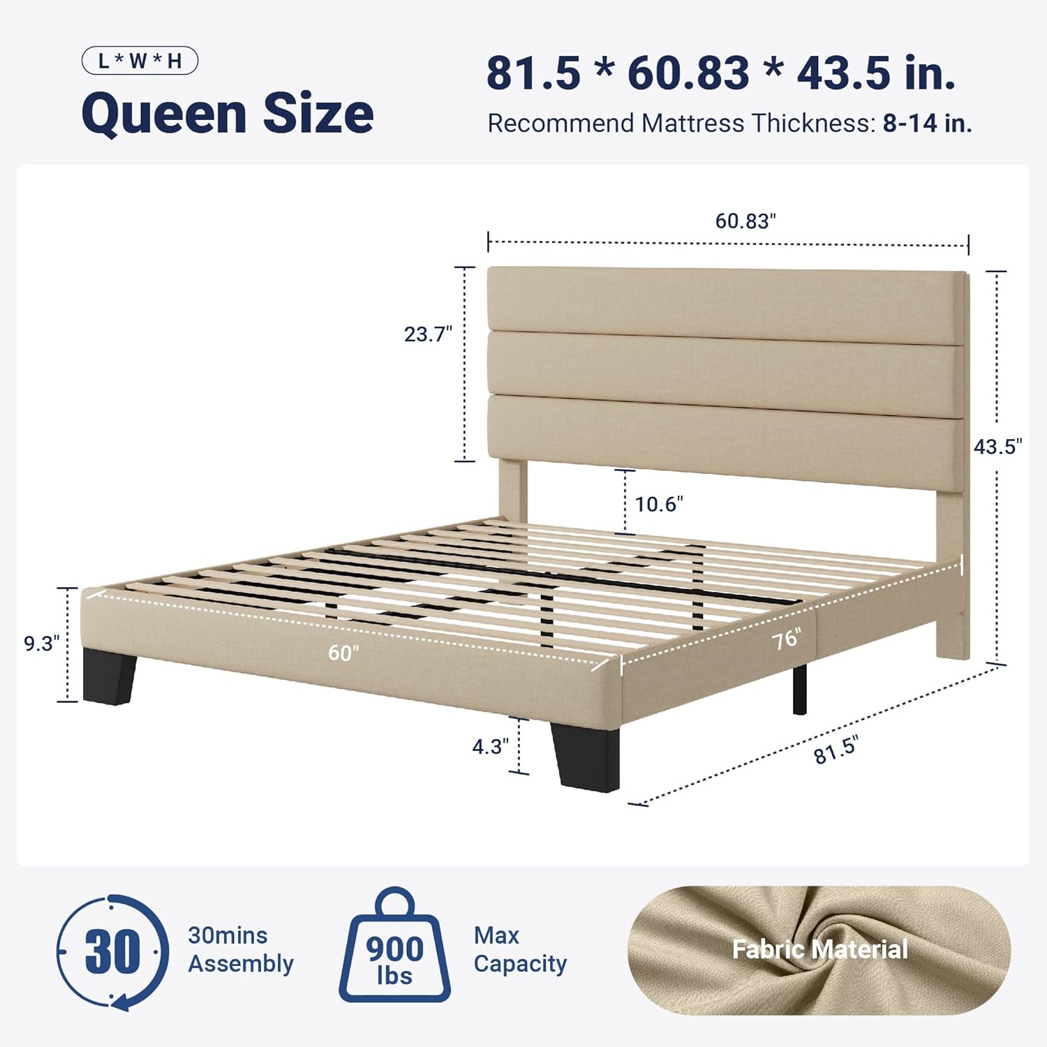 Allewie Queen Size Platform Bed Frame with Fabric Upholstered Headboard and Wooden Slats Support, Fully Upholstered Mattress Foundation/No Box Spring Needed/Easy Assembly, Beige