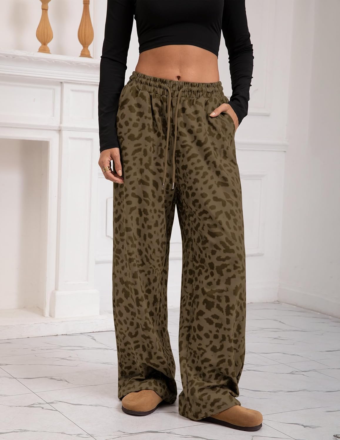 Womens Leopard Baggy Sweatpants Cheetah Print Wide Leg Pants Elastic Waist Drawstring Trousers with Pockets - Image 5