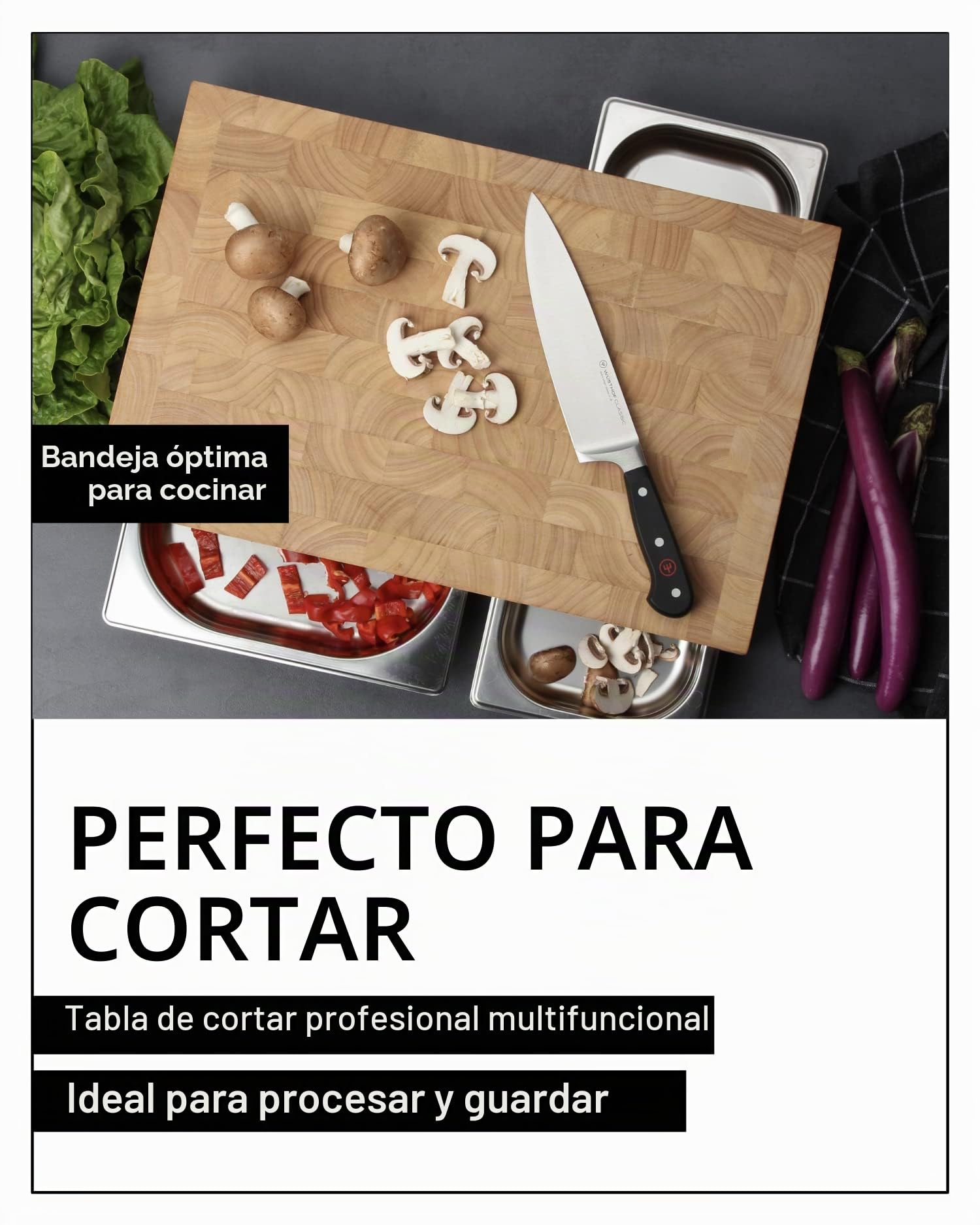 Continenta multifunción de Tabla para Cortar de Madera, con 3 cajones de Acero Inoxidable, 50 x 32,5 x 8 cm