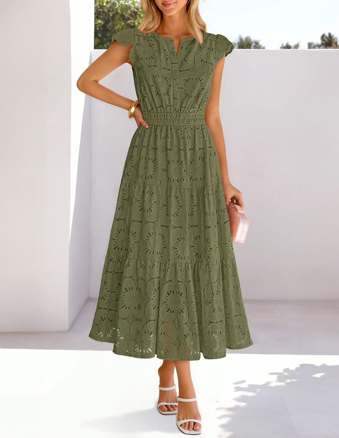 MEROKEETY Women's Summer Lace Eyelet Maxi Dress 2026 Spring Casual Boho Flutter Sleeve Tiered Flowy Beach Vacation Dresses - Image 2