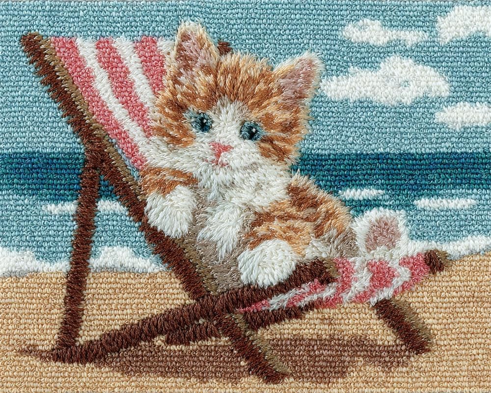 Kitquiver Rug Making Kits for Adults Latch Hook Cute Kitten Sitting On A Beach Chair Crafts Crochet Yarn with Pre-Printed DIY Handmade Embroidery Needlework for Home Decoration 15X20In