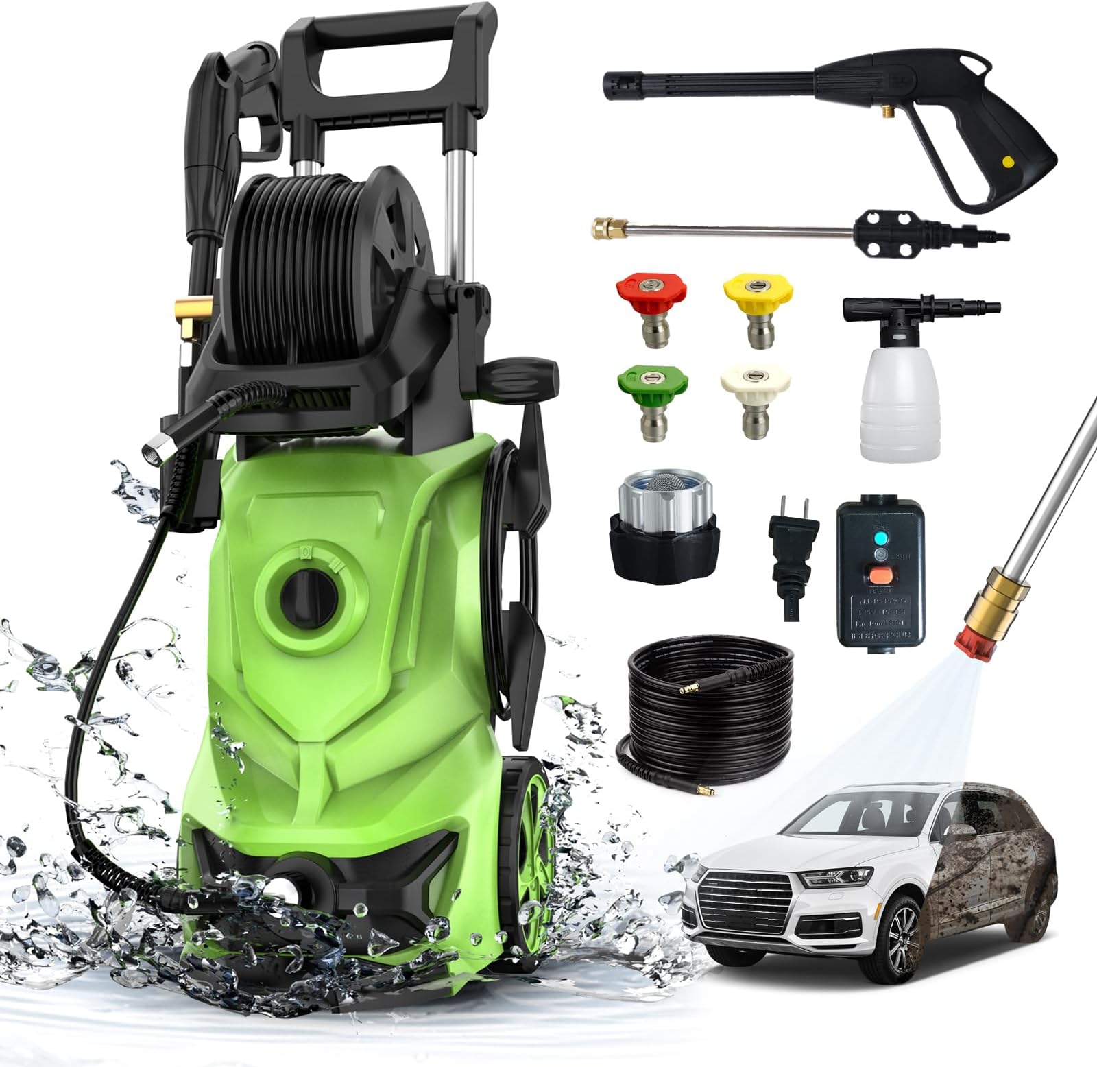 5000 PSI 2.8 GPM Electric Pressure Washer – Includes Foam Cannon, 33ft Hose Reel, 4 Nozzles & Wheels For Driveway, Deck, Car Cleaning (Blue)