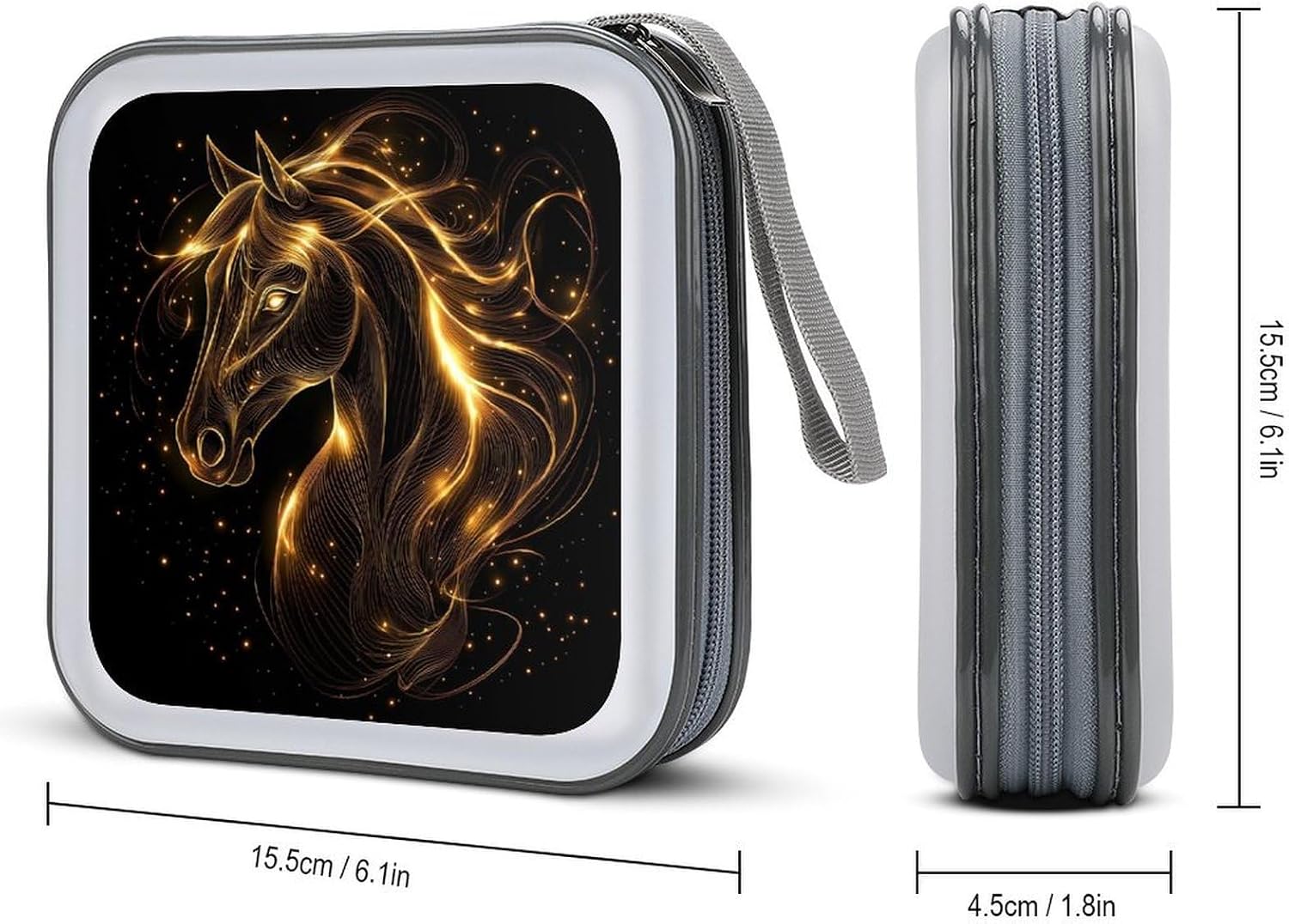 Glowing Golden Horse Head CD Case DVD Storage Holder Binder 40 Capacity | protective,hard case,protable loop,travel car use,zippered closure