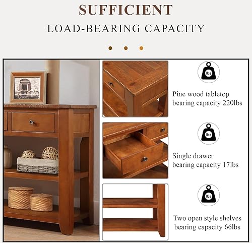 Miniatura 19 de Mesa consola de madera maciza de 48 pulgadas, mesa de sofá de madera de pino con cajones de almacenamiento y estantes, mesa de entrada retro para