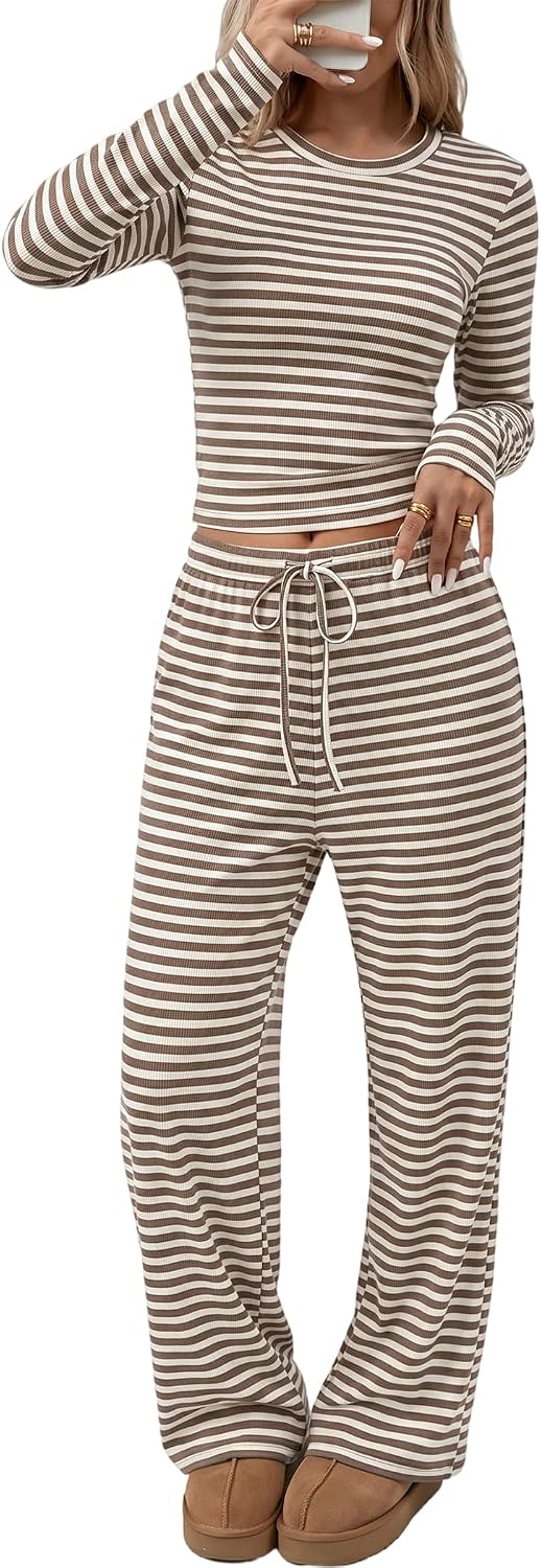 Womens 2 Piece Cute Striped Long Sleeve CrewNeck Ribbed Wide Leg Lounge Set