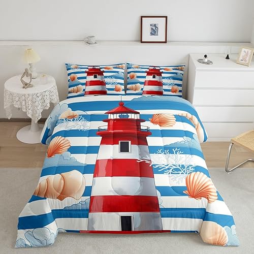 Miniatura 3 de Erosebridal Juego de edredón náutico tamaño individual, juego de ropa de cama de faro rojo y blanco, edredón de rayas azules y juegos de edredón de