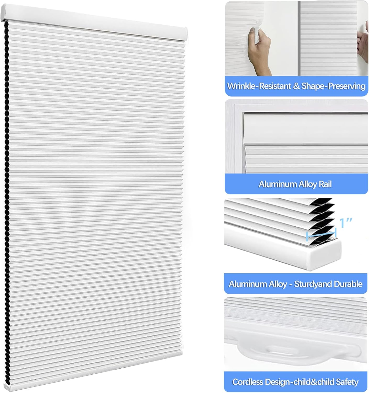 Cordless Honeycomb Cellular Shades Easy to Install UV Protection Indoor Windows Thermal Insulated Noise Reduction Blinds, Blackout-White
