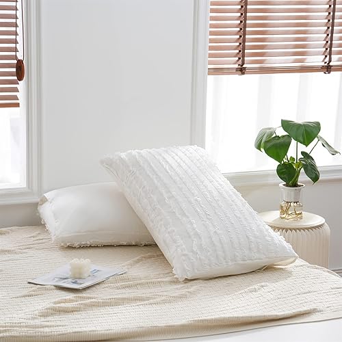 Miniatura 2 de Herside Juego de 2 fundas de almohada de algodón bohemio de lino a rayas jacquard decoración de color blanco suave estándar fundas de almohada 2