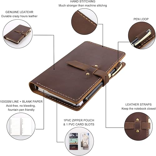 Miniatura 3 de Cuaderno de escritura de diario de cuero genuino, carpeta de anillos A6, bloc de notas recargable, organizador de viaje hecho a mano vintage para