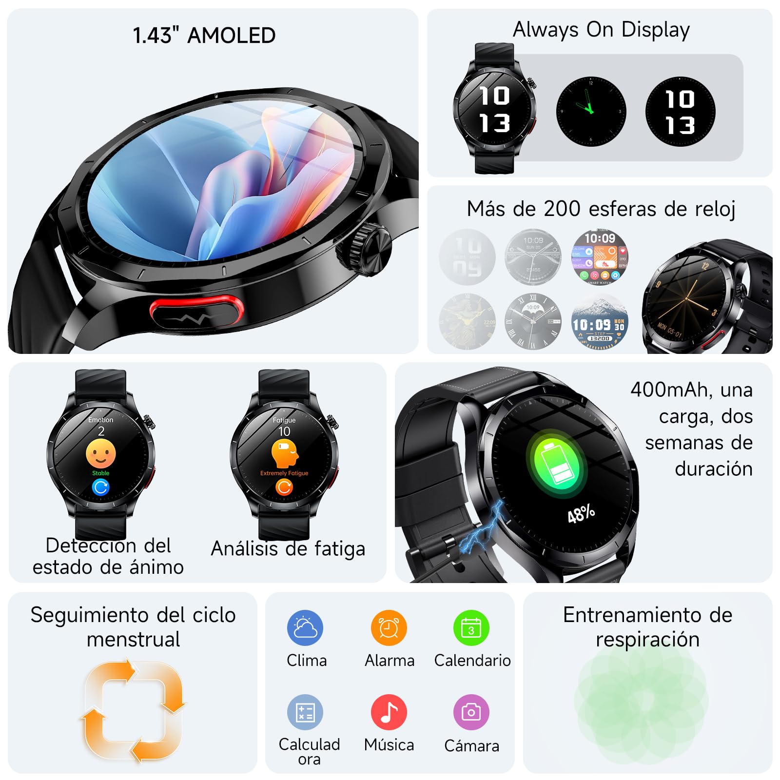 2026 ECG Reloj Inteligente Hombre con HRV/BMI/Tension Arterial, 1.43“ AMOLED Smartwatch con 24H Presión Arterial Pulsómetro SpO2 Temperatura Corporal Monitor de Sueño Pulsera Actividad ,Android iOS