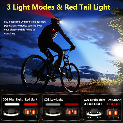 Miniatura 3 de Linterna frontal recargable por USB, 1000 lúmenes y 230 de haz ancho, faro duro, faro LED súper brillante con luz trasera roja, faro impermeable