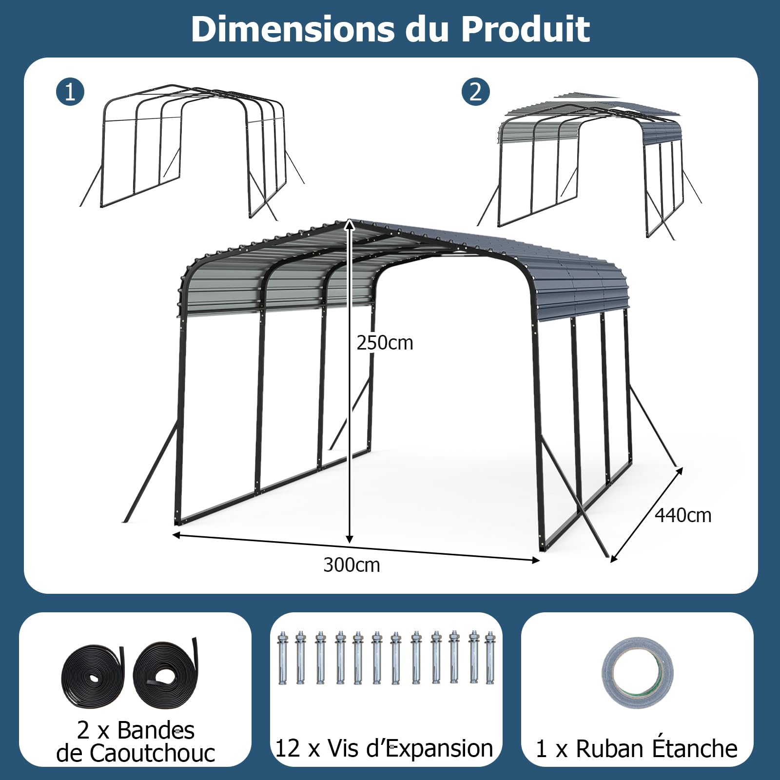 GOPLUS Grand Abri de Voiture en Métal, 440 x 300 x 250 cm, Toit Rigide, 4 Pieds Inclinés et Ancrages Extérieurs, Tente Carpot pour Voiture pour Camions, Tracteurs, SUV