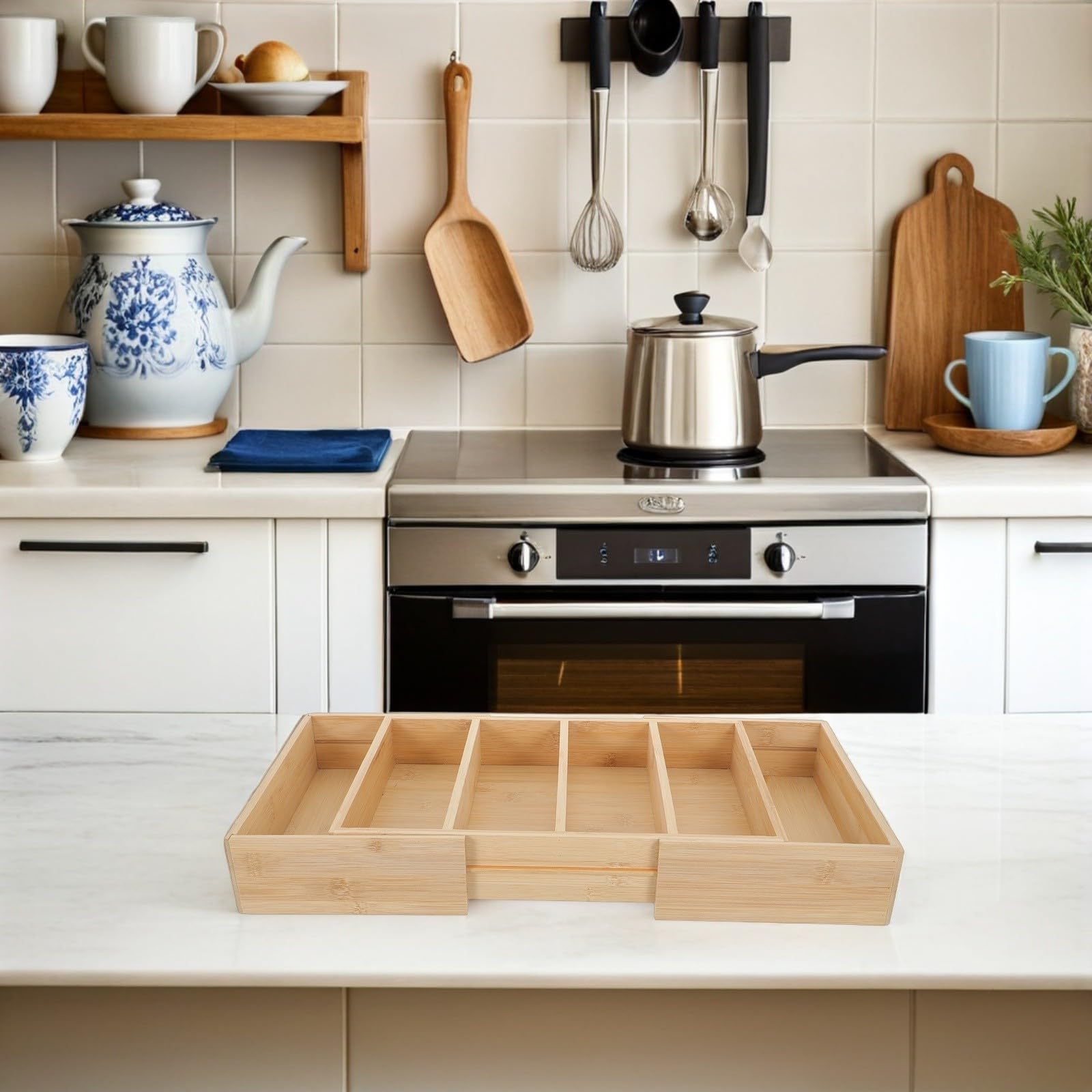ABOOFAN Organizzatore Design Naturale in Bambù Divisori Regolabili Espandibile Scatola per Ripiani e Soluzione Salvaspazio Efficiente per Cucina e Dispensa