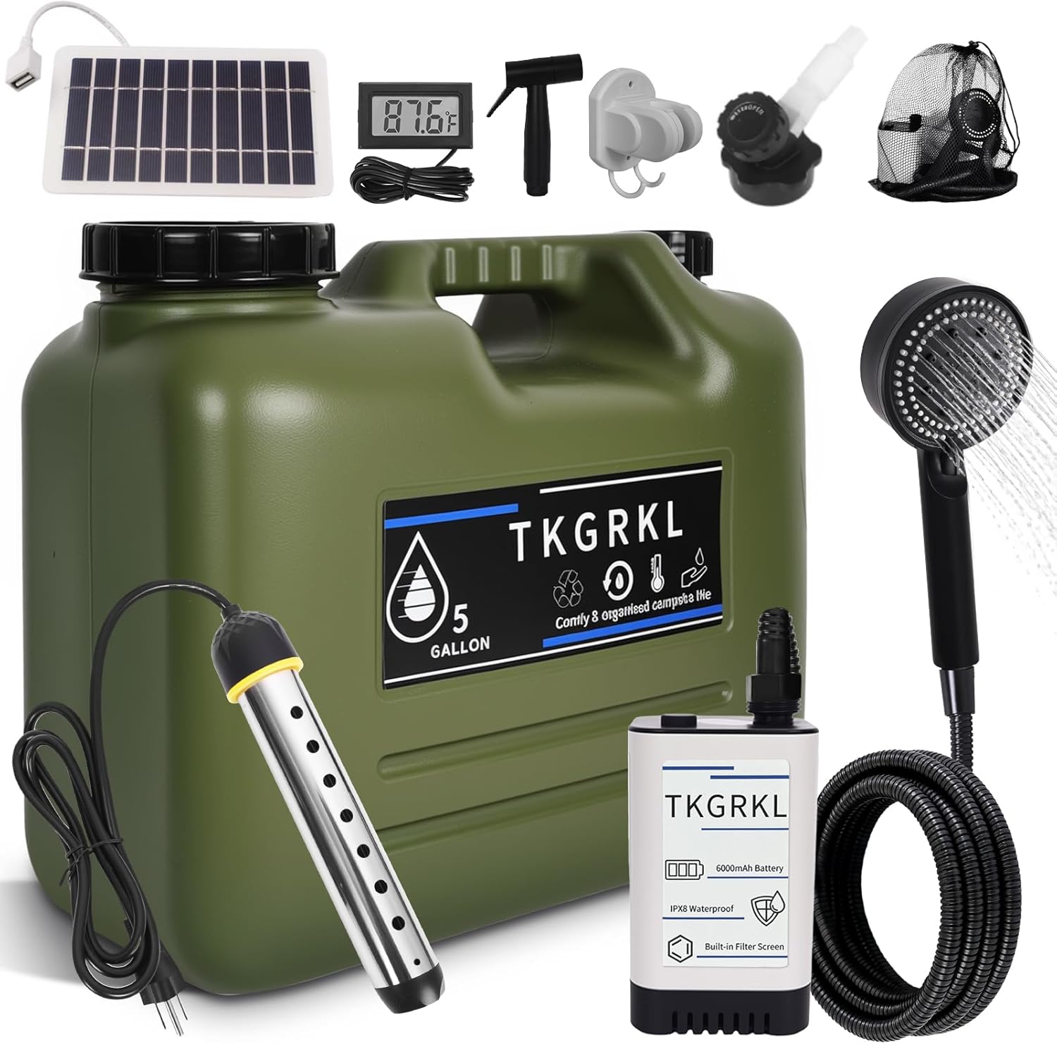 Camping Shower with Heater and 5-Gallon Water Jug, 6000mAh Rechargeable Portable Shower, 1500w Immersion Heater with Auto Shut-Off, Rinse Kit Portable Shower with USB Solar Charging Panel For Camping