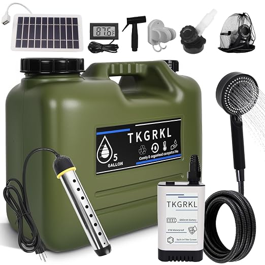 Camping Shower with Heater and 5-Gallon Water Jug, 6000mAh Rechargeable