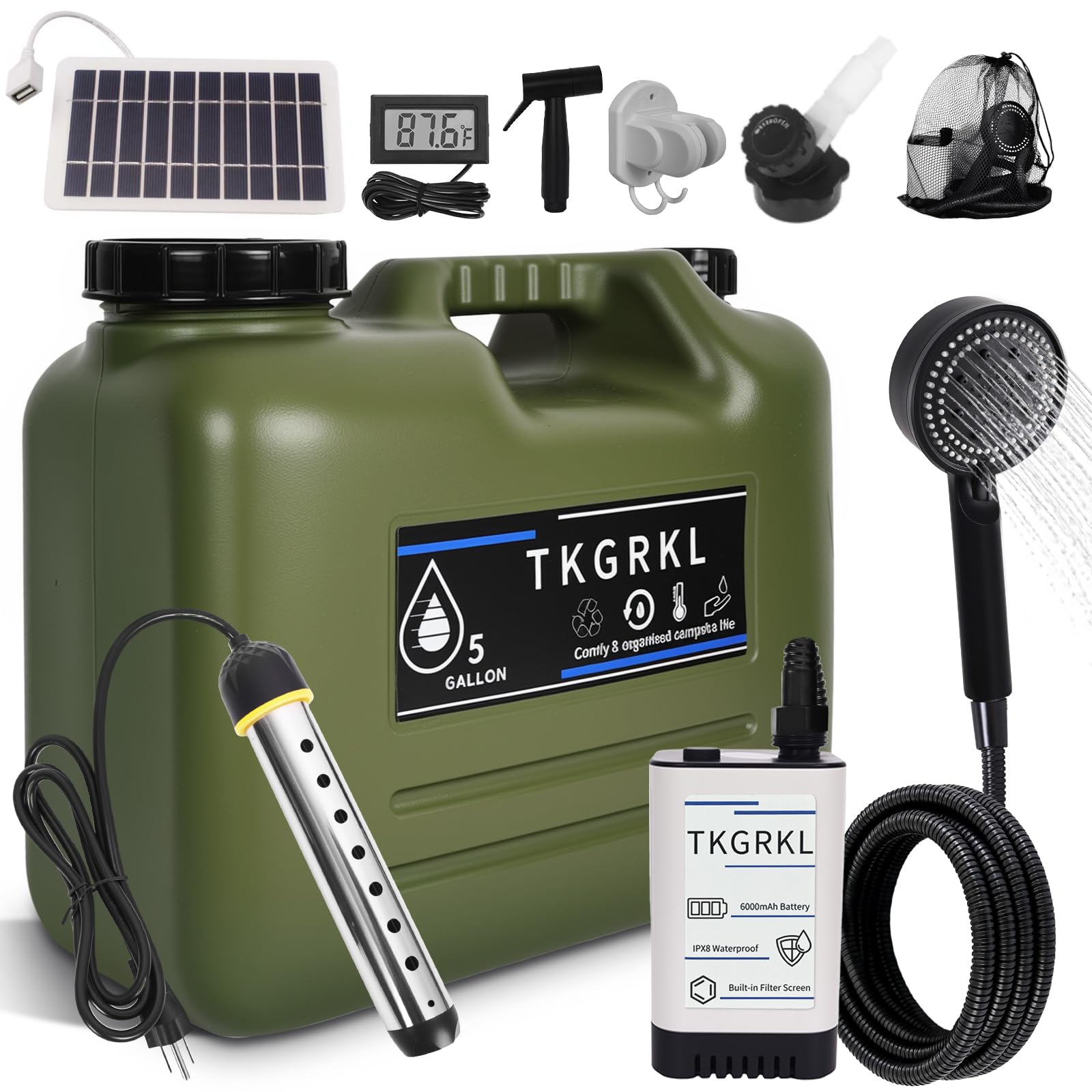 Photo 1 of Camping Shower with Heater and 5-Gallon Water Jug, 6000mAh Rechargeable Portable Shower, 1500w Immersion Heater with Auto Shut-Off, Rinse Kit Portable Shower with USB Solar Charging Panel For Camping
