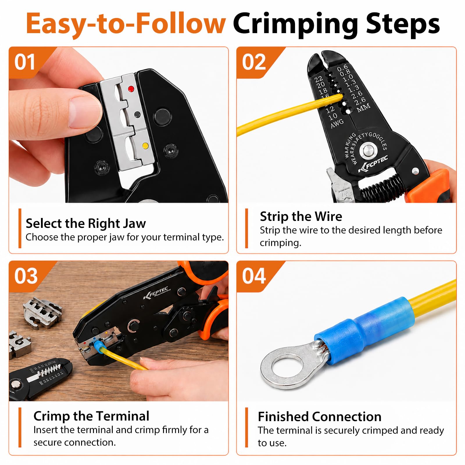 KF CPTEC Juego de 9 Piezas Crimpadora -Alicates con mordazas cambiables para engarzar para Cables Eléctricos,termorretráctiles,no aislados,de nylon,conector solares,terminales Férula,dupont